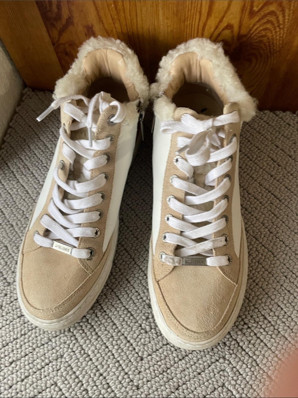 J/SLIDES white / tan Suede Shearling Sneaker